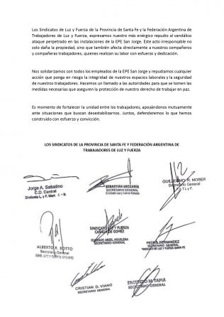 Luz y Fuerza repudia el ataque a la EPE San Jorge: ''Defenderemos lo que construimos con esfuerzo y convicción''