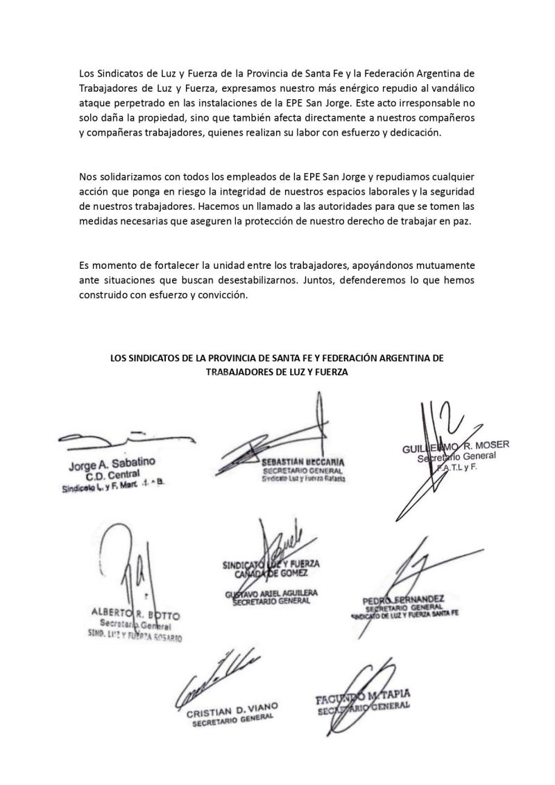 Luz y Fuerza repudia el ataque a la EPE San Jorge: ''Defenderemos lo que construimos con esfuerzo y convicción''